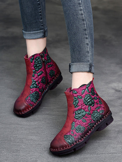 Women Retro Flower Leather Spliced Zipper Low Heel Boots AT1067 RXMY