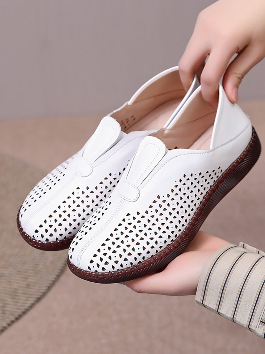 Women Summer Solid Casual Leather Cutout Flat Shoes HH048 HNXZ