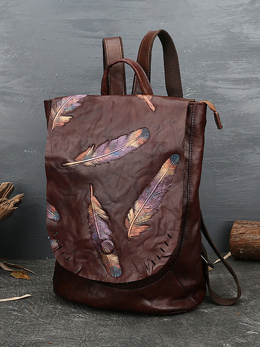 Women Vintage Leather Feather Embossing Backpack AH1089 ZLPJ