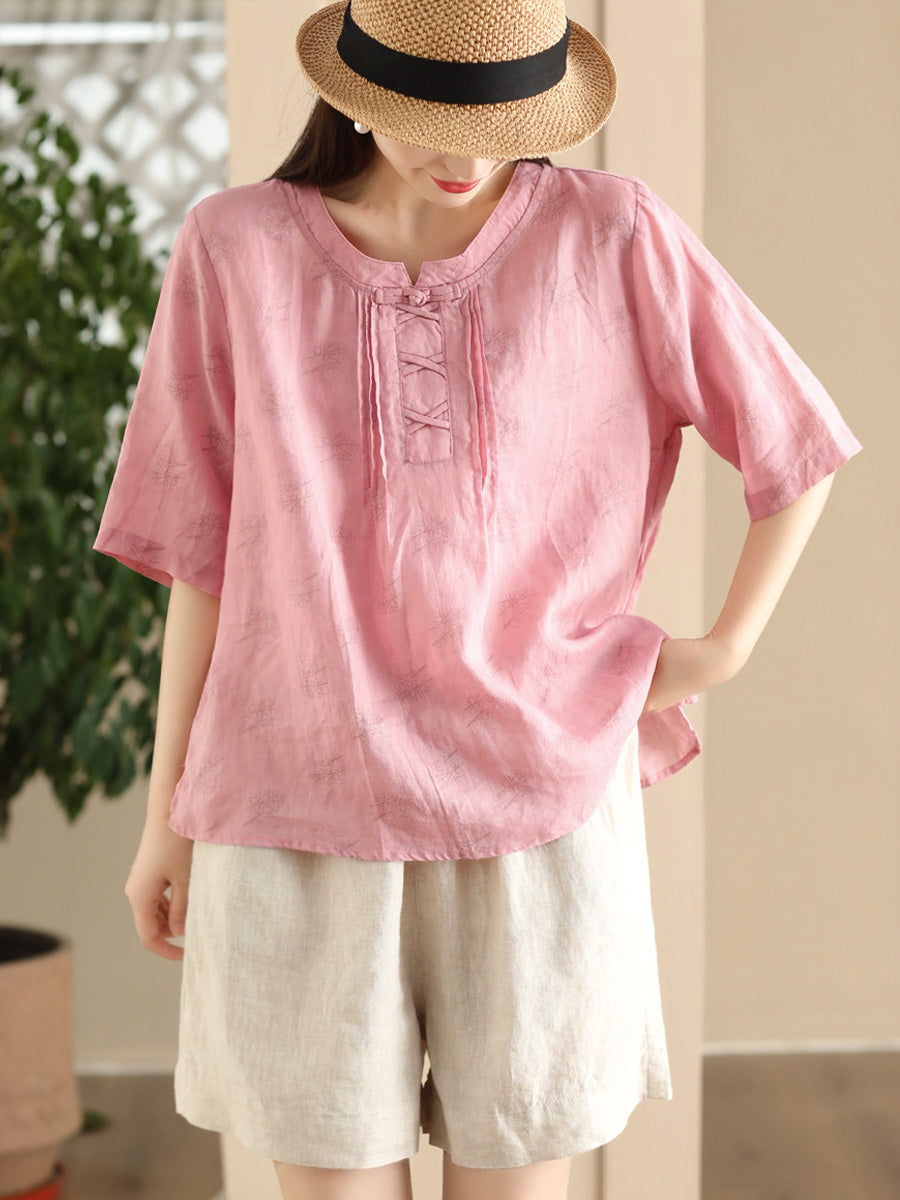 Women Summer Artsy Flower Stand Collar Ramie Shirt LL040 BUYKUD