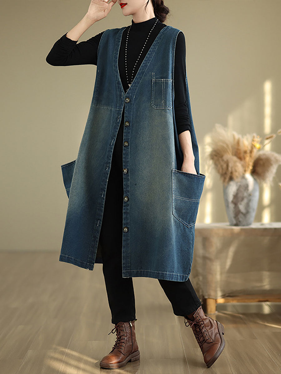 Women Casual Summer Spliced V-Neck Button-up Denim Vest Coat AT1007 BUYKUD