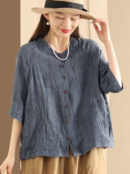 Women Summer Retro Solid Linen Button-up Shirt XX1012 Ada Fashion