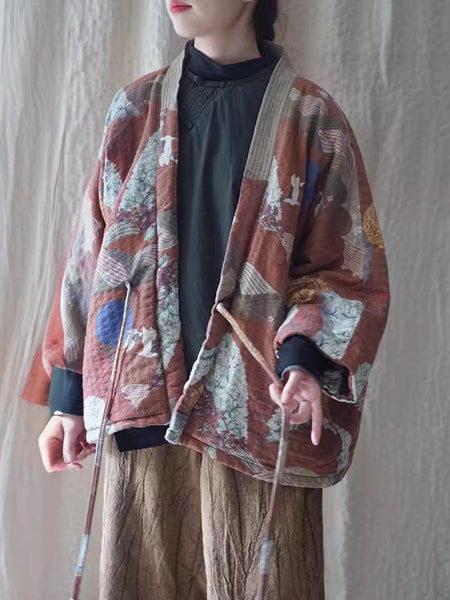 Women Ethnic Autumn Print Strap Cotton Padded Coat WG020 BK