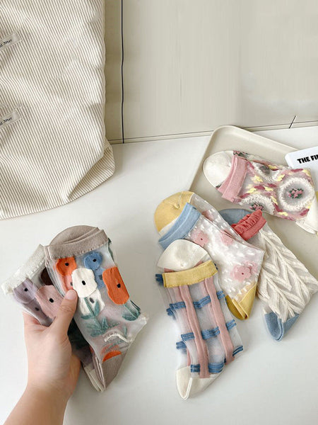 5 Pairs Women Artsy Summer Flower Jacquard Thin Socks CX040 BUYKUD
