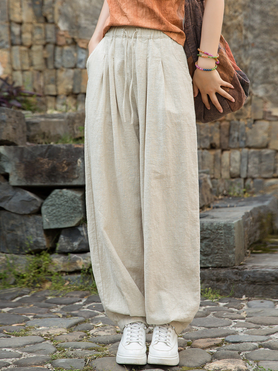 Women Pure Ramie Straight Worn Color Summer Pants FashionChic