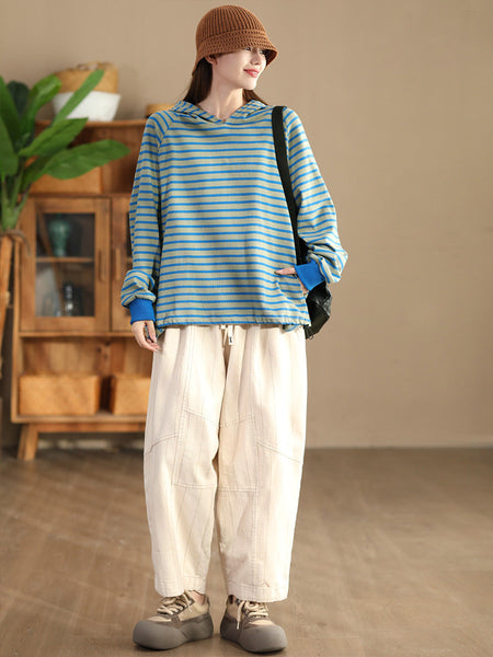 Women Casual Autumn Stripe Colorblock Hooded Sweatshirt AI1025 ZMMM