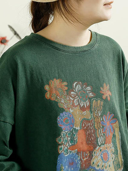 Women Casual Autumn Flower O-Neck Cotton Blouse AT1002 QYZY