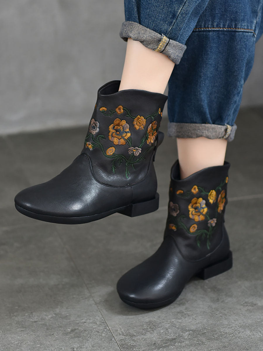 Women Vintage Flower Embroidery Leather Low Heel Boots AX1050 Genistyle Shop