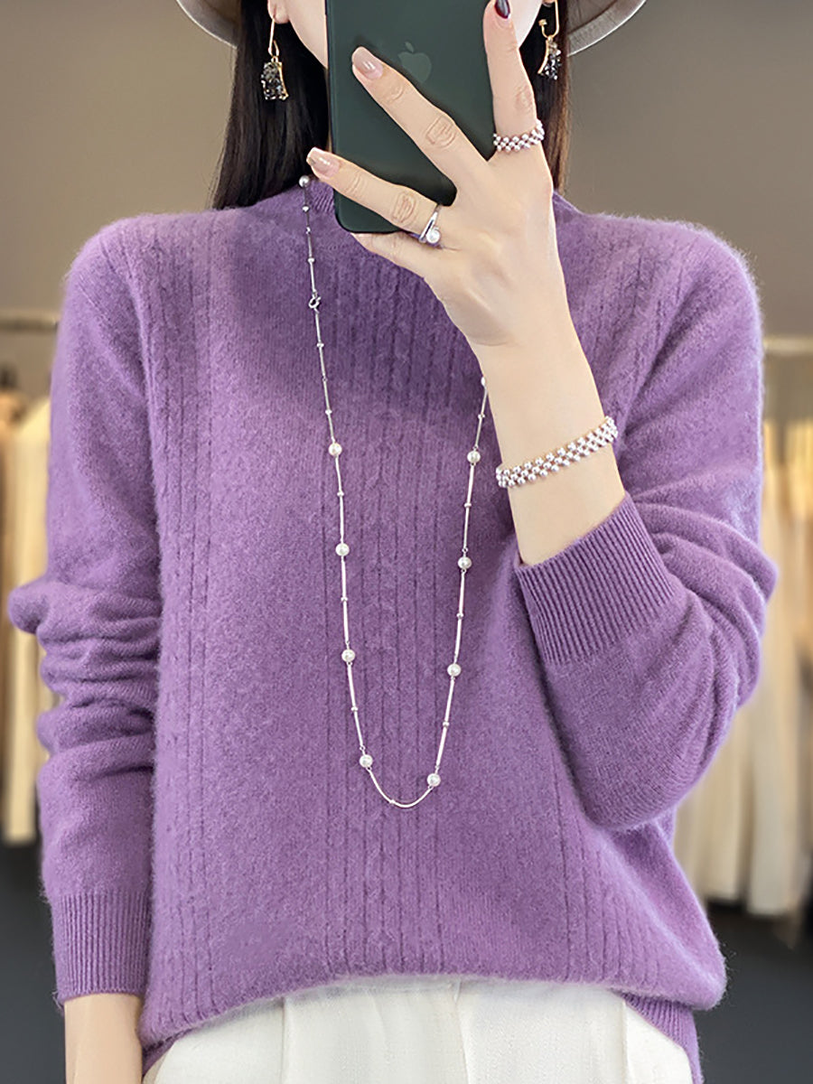 Women Autumn Solid Cable Knit 100%Wool Half Turtleneck Sweater QN028 BK