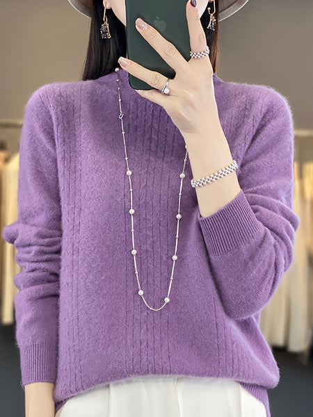 Women Autumn Solid Cable Knit 100%Wool Half Turtleneck Sweater QN028 BK