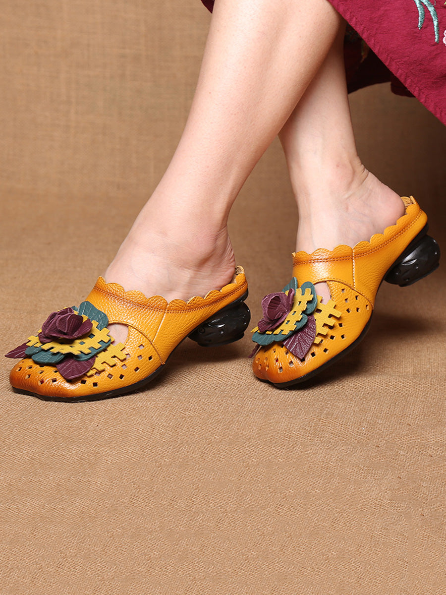 Women Summer Ethnic Leather Flower Spliced Low Heel Sandals FD014 TOYA