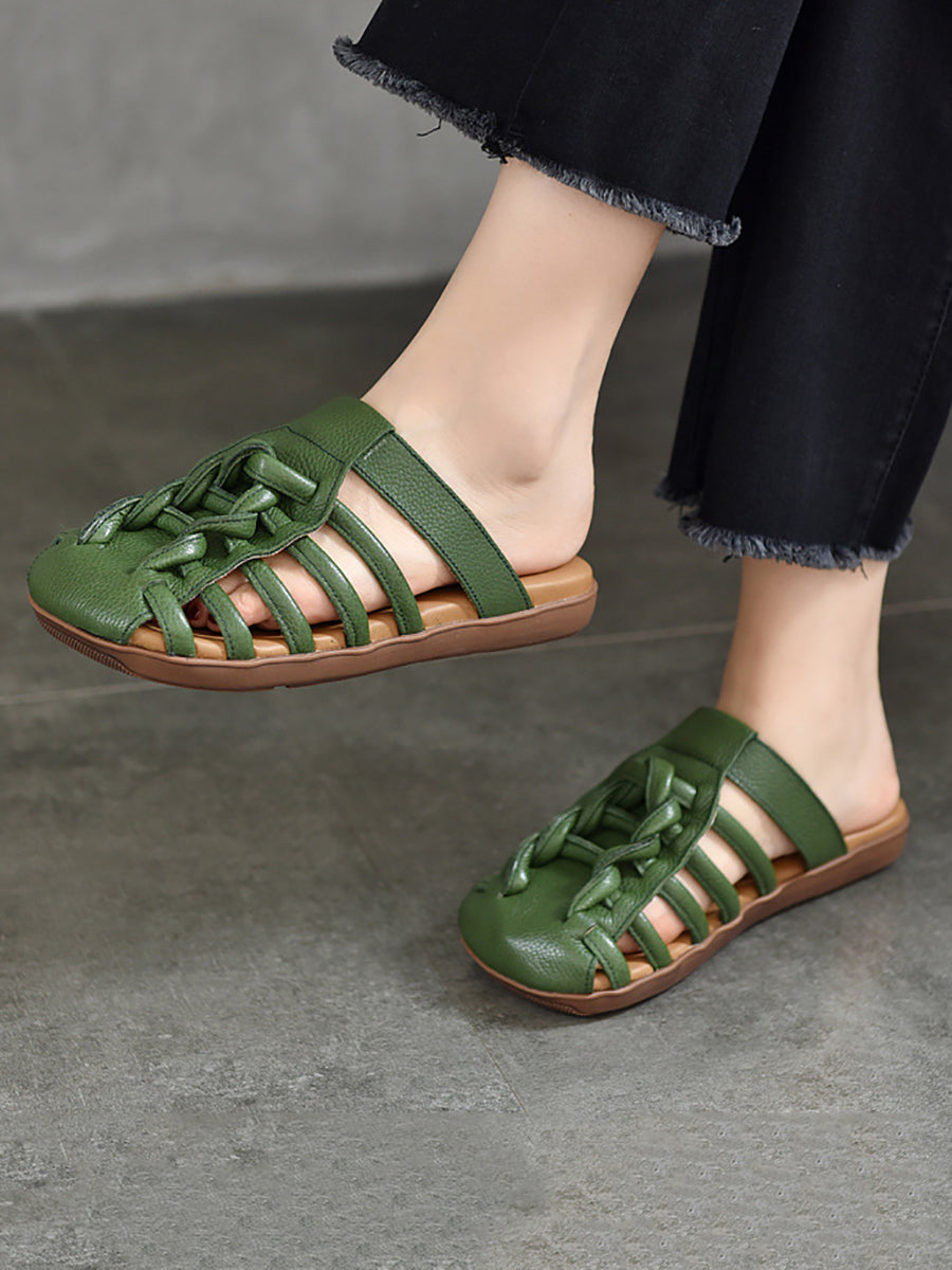 Women Summer Solid Leather Spliced Flat Slippers BN1002 Ada Fashion