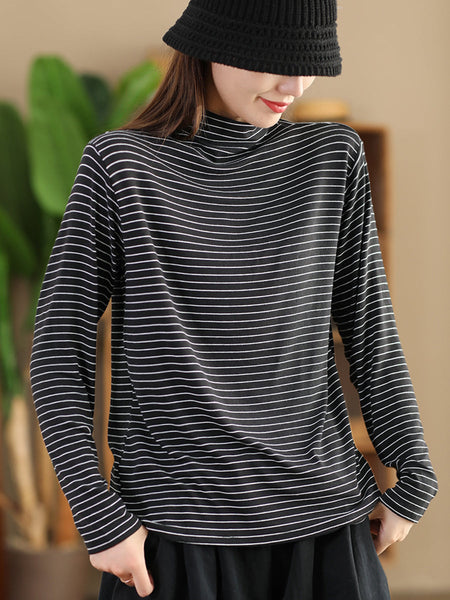 Women Autumn Casual Stripe Half Turtleneck Blouse AI1064 ZMMM