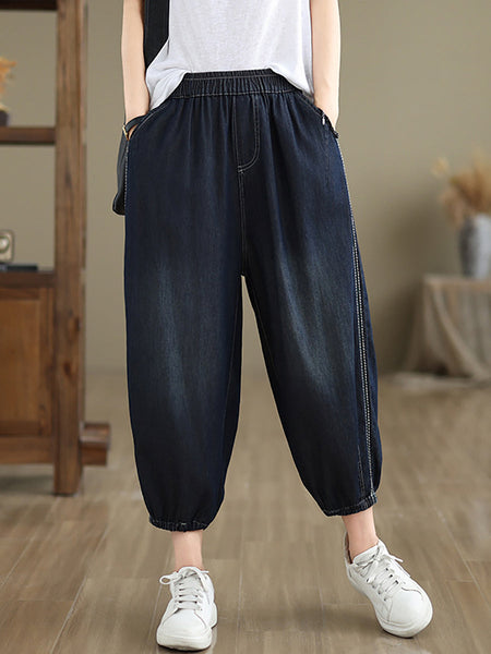 Women Summer Casual Solid Denim Harem Pants II1004 BUYKUD