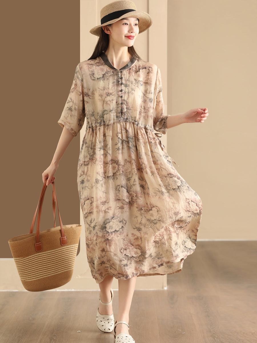 Women Summer Flower Stand Collar Ramie Dress OO1046 LPP