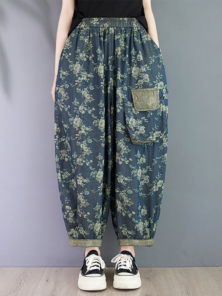 Women Summer Vintage Floral Spliced Harem Pants OO1023 BUYKUD