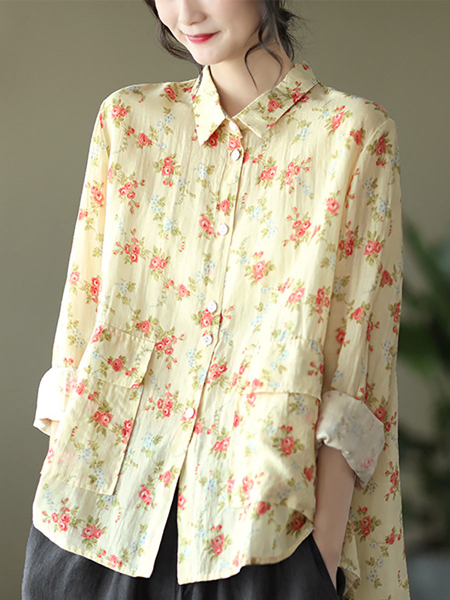 Women Vintage Floral Spring Button Up Ramie Blouse AT1089 BUYKUD