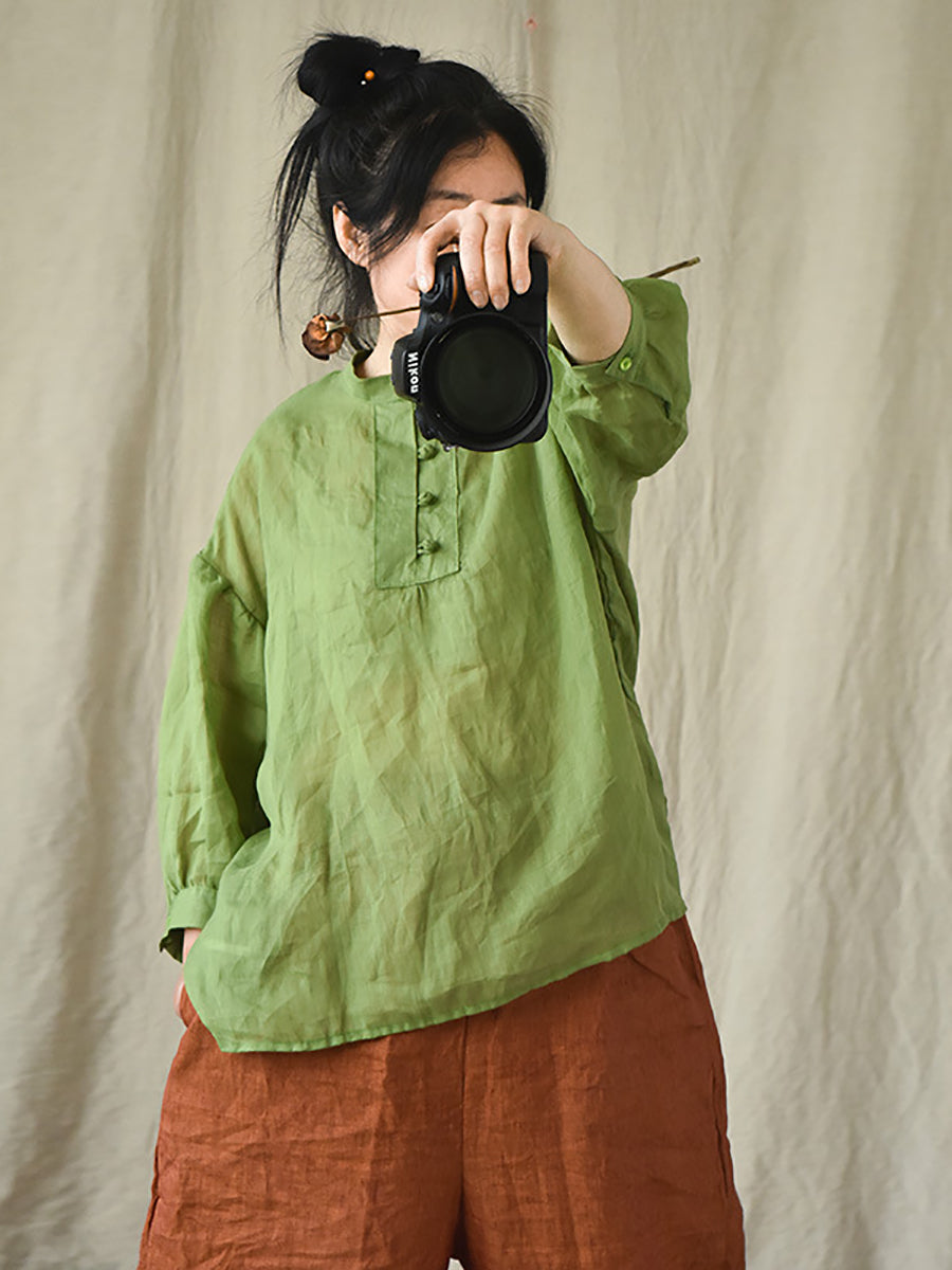 Women Vintage Solid 100%Ramie Summer Loose Shirt AS1047 QYMM