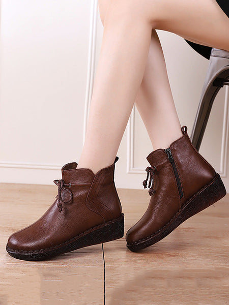 Women Vintage Genuine Leather Strap Zipper Low Heel Boots AX1016 Genistyle Shop