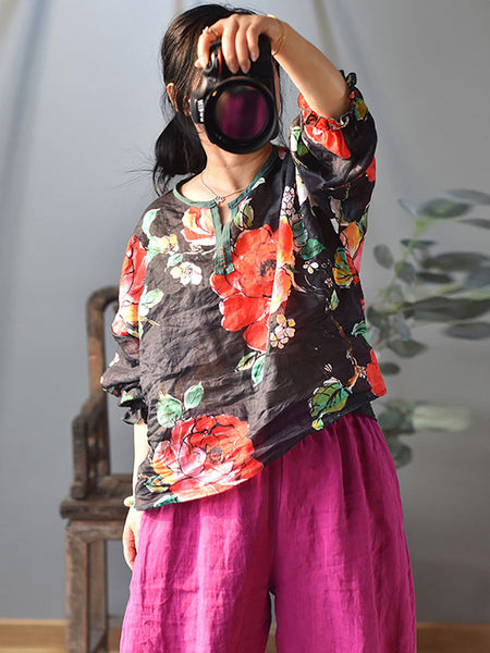 Women Ethnic Spring Flower Print V-Neck Shirt LL060 QYMM