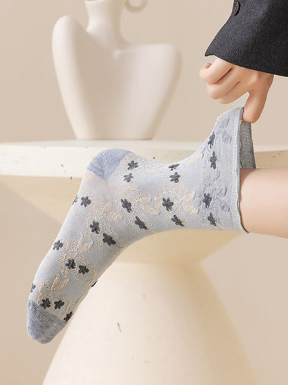 3 Pairs Women Autumn Flower Jacquard Colorblock Socks AH1023 BUYKUD