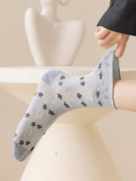 3 Pairs Women Autumn Flower Jacquard Colorblock Socks AH1023 BUYKUD