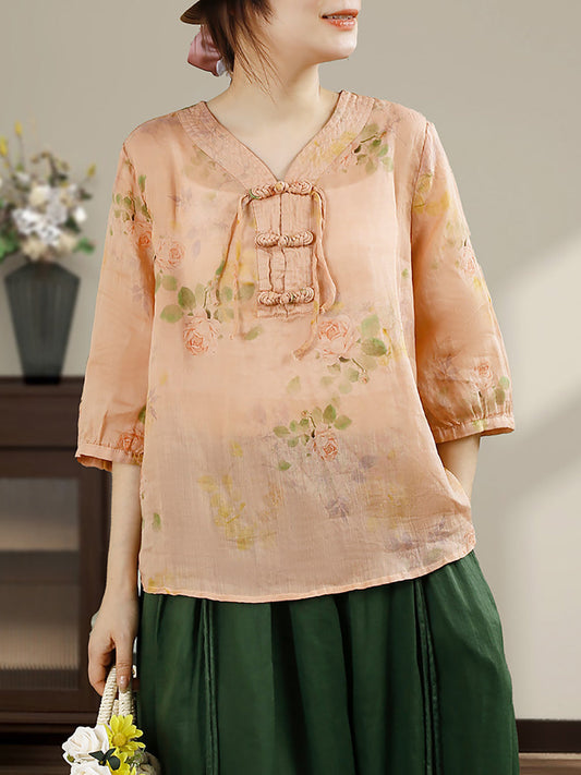 Women Summer Vintage Flower Buckle V-Neck Ramie Shirt HH014 BUYKUD