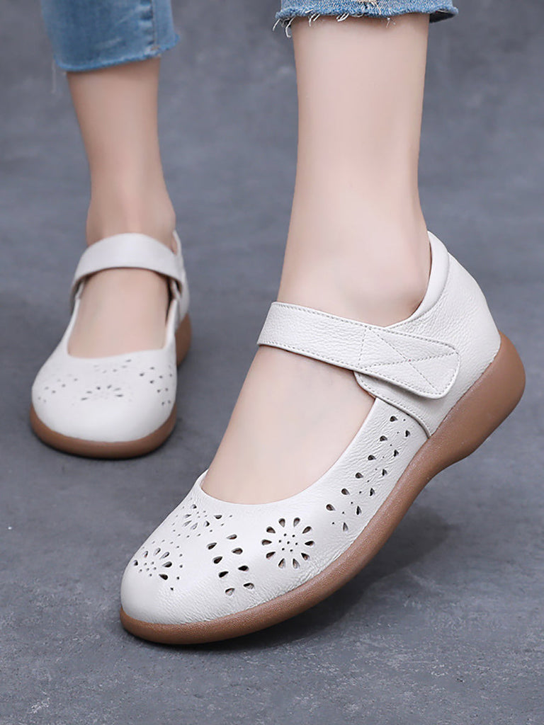 Women Summer Artsy Solid Leather Cutout Flat Shoes FG1024 Ada Fashion