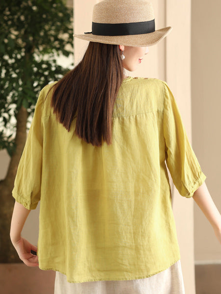 Women Summer Artsy Embroidery V-Neck Ramie Shirt FD005 ZMMM