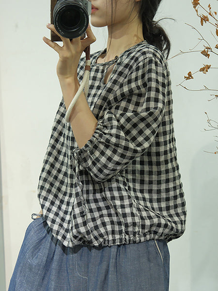 Women Summer Casual Plaid Linen Strap Shirt AS1064 Ada Fashion