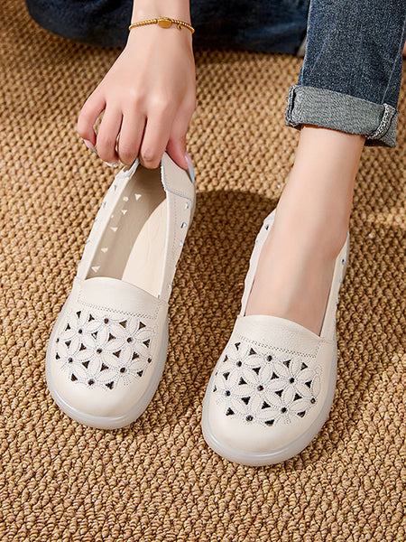 Leather Mid Shoes Flower Summer Women Soft Heel FashionChic