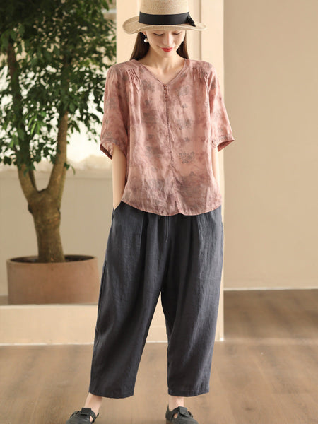 Women Summer Artsy Flower V-Neck Thin Ramie Shirt FD004 BUYKUD