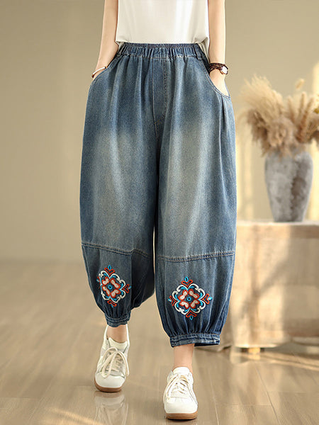 Denim Flower Women Pants Harem Embroidery Retro FashionChic