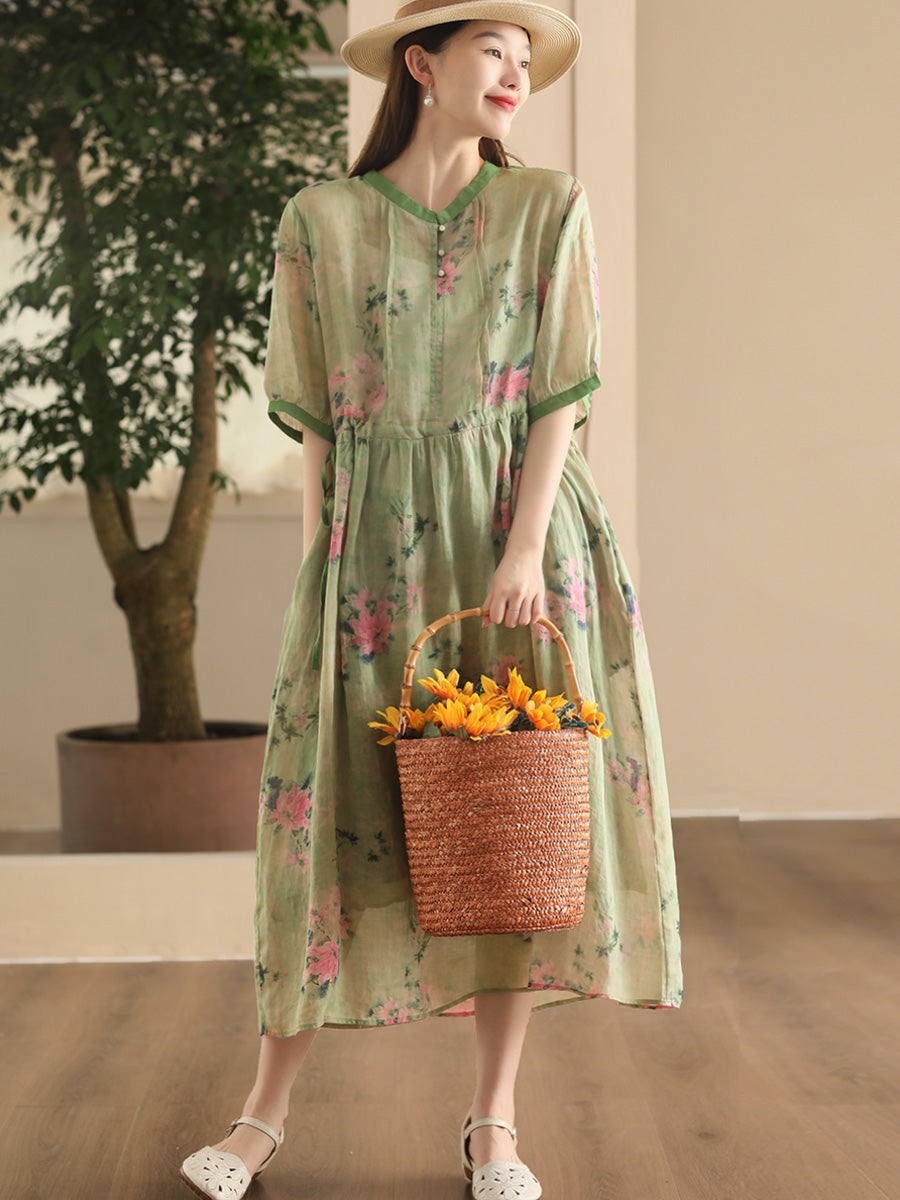 Women Summer Vintage Floral Strap Ramie Dress CX008 ZMMM