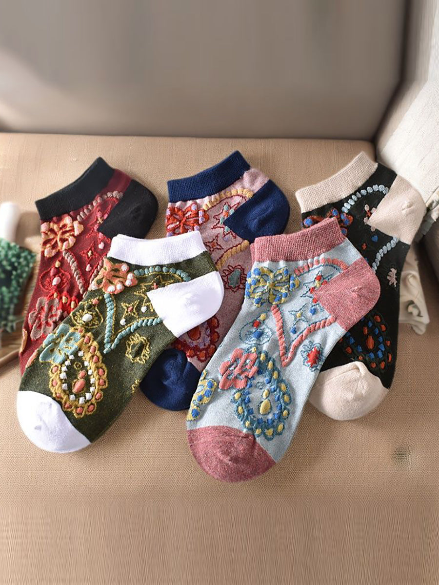 5 Pairs Women Summer Flower Jacquard Short Socks KL1039 Ada Fashion