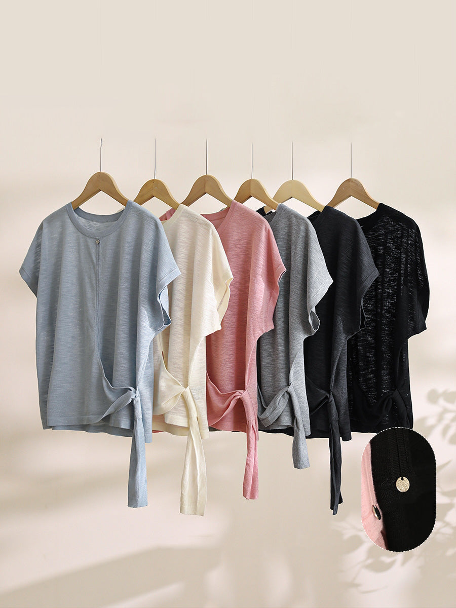 Women Summer Artsy Strap O-Neck Solid Shirt CX005 BUYKUD