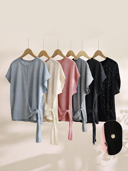 Women Summer Artsy Strap O-Neck Solid Shirt CX005 BUYKUD