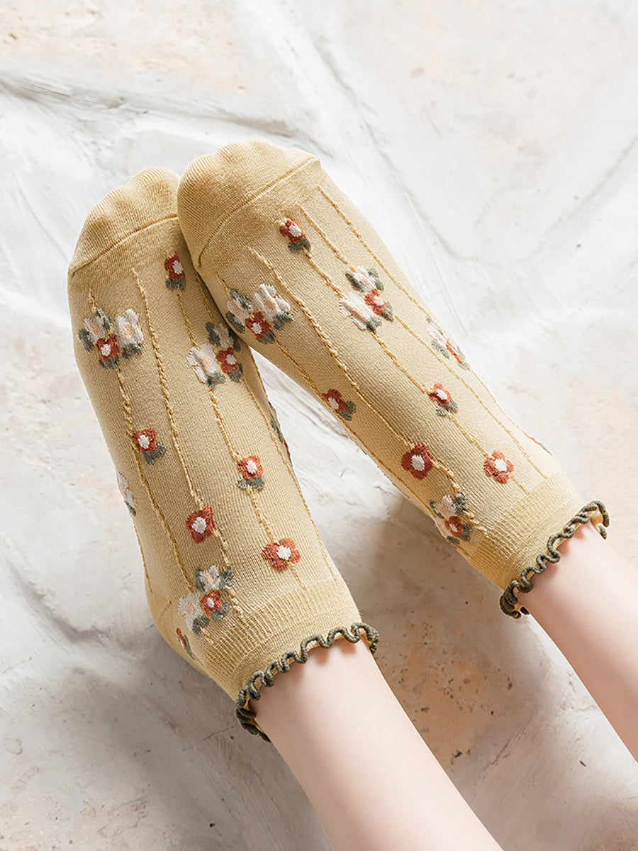 5 Pairs Women Summer Artsy Flower Jacquard Socks OO1032 BUYKUD