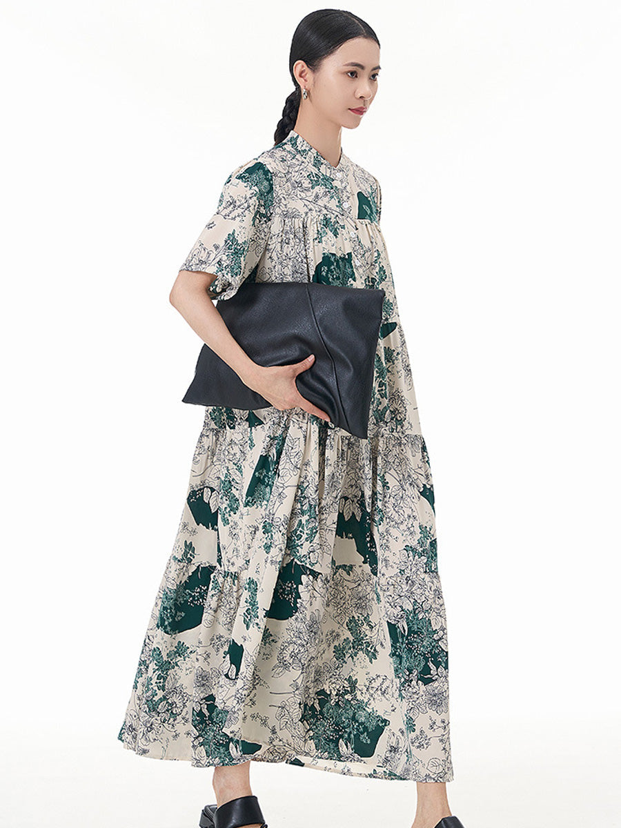 Women Summer Artsy Flower Spliced Loose Tiered Dress CC019 ZMMM