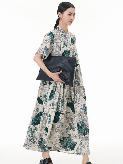 Women Summer Artsy Flower Spliced Loose Tiered Dress CC019 ZMMM