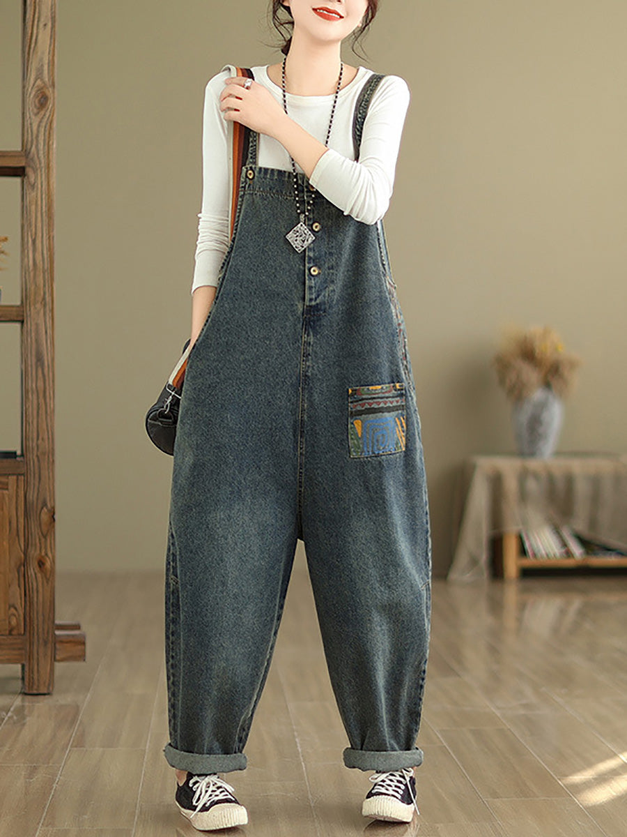 Women Casual Patchwork Loose Denim Jumpsuits JJX