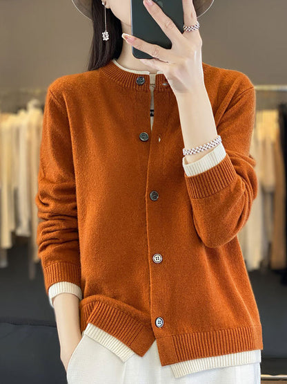 Women Autumn Colorblock Knit 100%Wool O-Neck Sweater QM006 BK