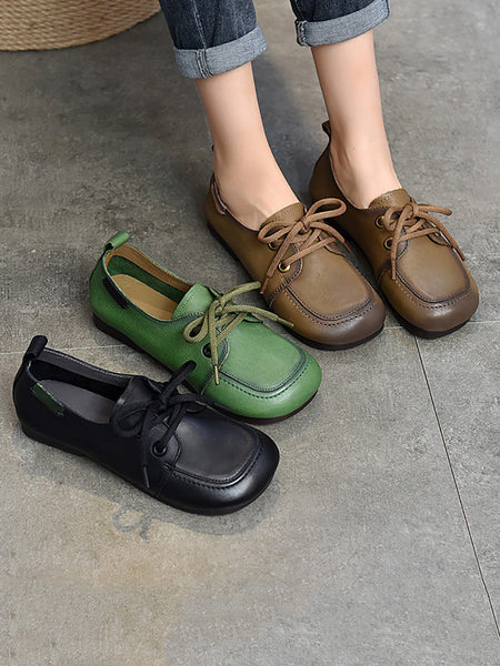 Women Summer Retro Solid Leather Square Toe Flat Shoes CX041 TZTJ