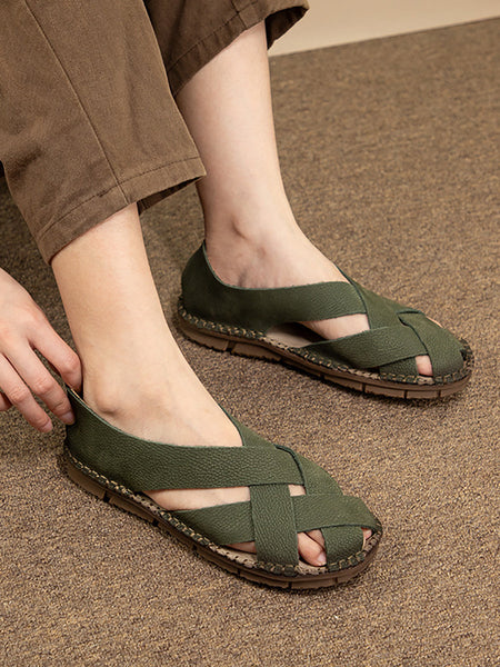 Women Summer Casual Solid Leather Weave Flat Shoes AS1055 Ada Fashion