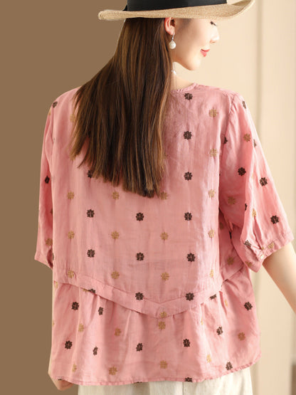 Women Summer Embroidery Spliced Ramie Loose Shirt XX1046 Ada Fashion