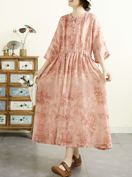Women Summer Artsy Floral Shirred Ramie Dress QW1043 Ada Fashion