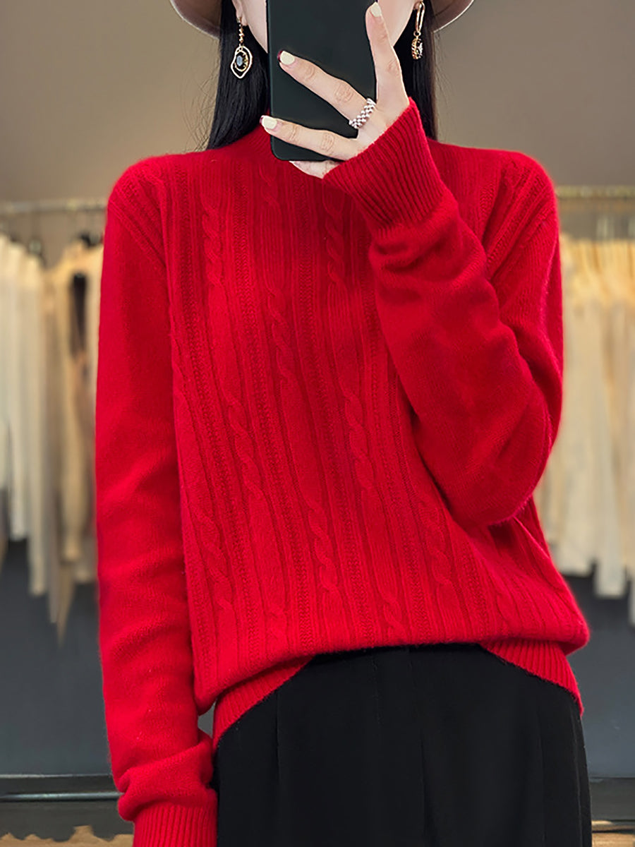 Women Autumn Solid Cable Knit 100%Wool Half Turtleneck Sweater QN027 BK
