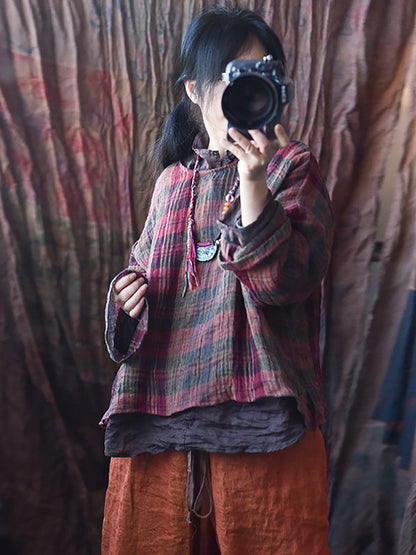 Women Spring Linen Retro Plaid Loose Shirt RR008 QYMM