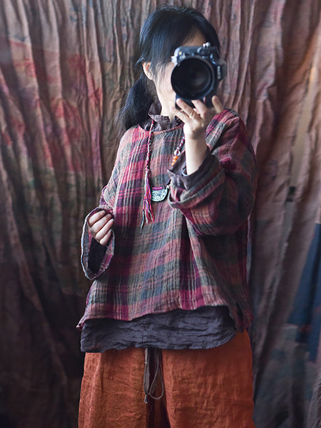 Women Spring Linen Retro Plaid Loose Shirt RR008 QYMM