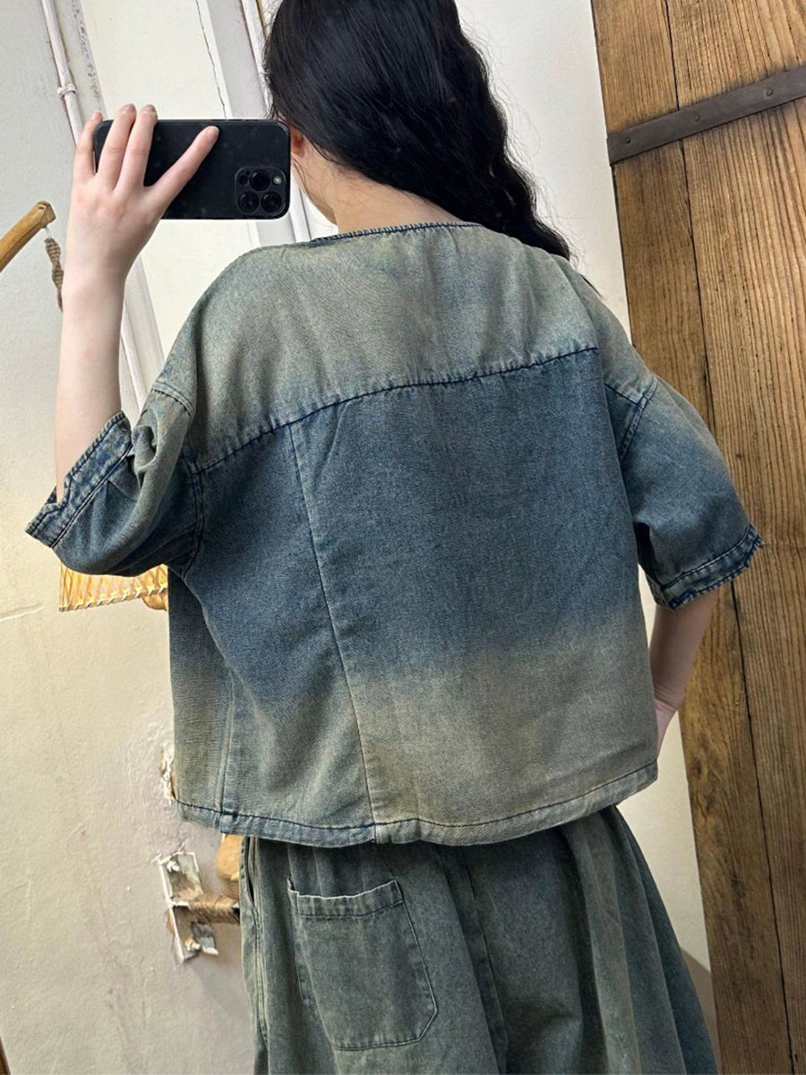 Women Summer Vintage Washed Denim Shirt AS1003 Ada Fashion